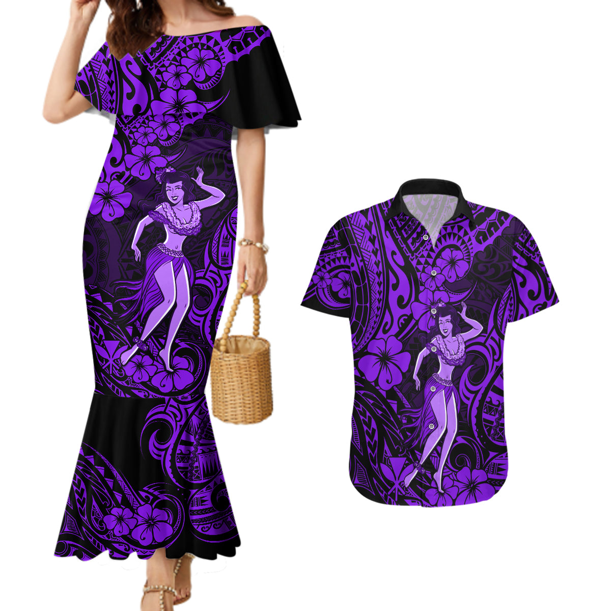Hawaii Hula Girl Couples Matching Mermaid Dress and Hawaiian Shirt Hibiscus Hawaii Tribal Tattoo Purple Version - Wonder Print Shop