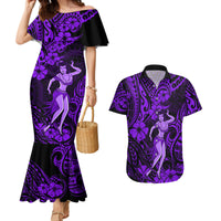 Hawaii Hula Girl Couples Matching Mermaid Dress and Hawaiian Shirt Hibiscus Hawaii Tribal Tattoo Purple Version - Wonder Print Shop