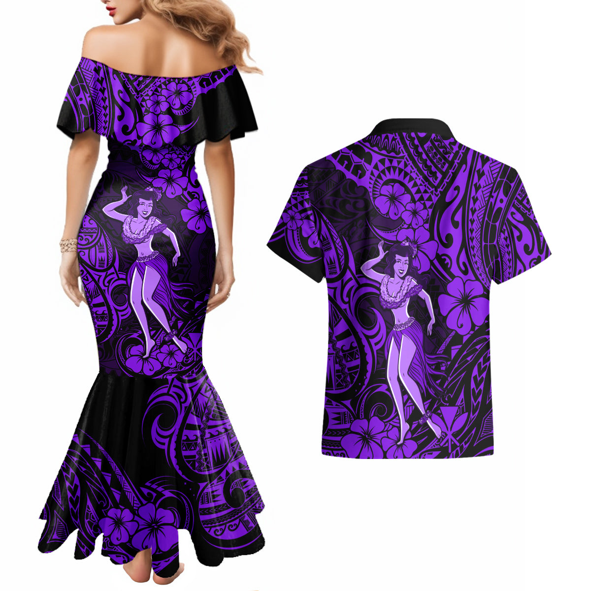 Hawaii Hula Girl Couples Matching Mermaid Dress and Hawaiian Shirt Hibiscus Hawaii Tribal Tattoo Purple Version - Wonder Print Shop