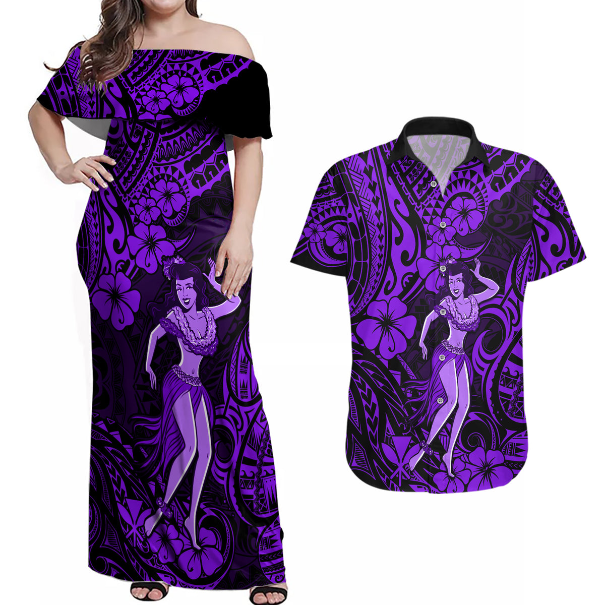 Hawaii Hula Girl Couples Matching Off Shoulder Maxi Dress and Hawaiian Shirt Hibiscus Hawaii Tribal Tattoo Purple Version - Wonder Print Shop