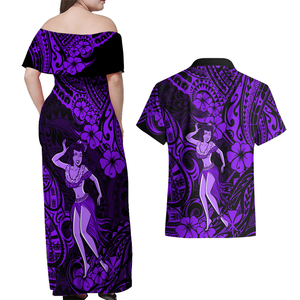 Hawaii Hula Girl Couples Matching Off Shoulder Maxi Dress and Hawaiian Shirt Hibiscus Hawaii Tribal Tattoo Purple Version - Wonder Print Shop