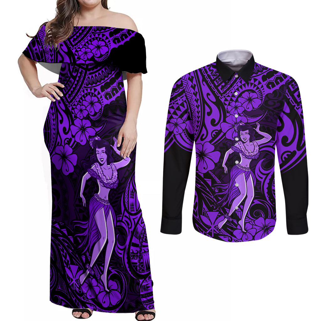 Hawaii Hula Girl Couples Matching Off Shoulder Maxi Dress and Long Sleeve Button Shirts Hibiscus Hawaii Tribal Tattoo Purple Version - Wonder Print Shop