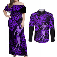 Hawaii Hula Girl Couples Matching Off Shoulder Maxi Dress and Long Sleeve Button Shirts Hibiscus Hawaii Tribal Tattoo Purple Version - Wonder Print Shop