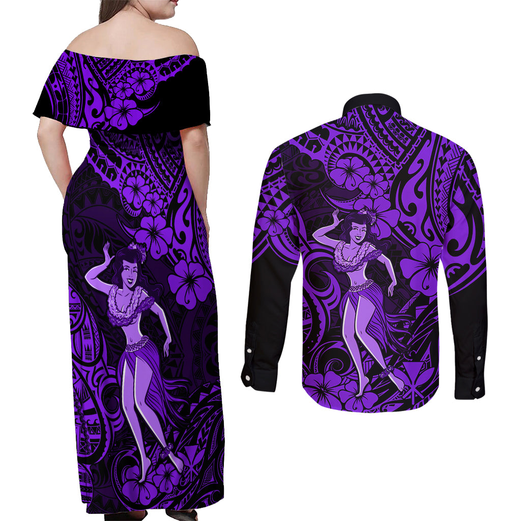 Hawaii Hula Girl Couples Matching Off Shoulder Maxi Dress and Long Sleeve Button Shirts Hibiscus Hawaii Tribal Tattoo Purple Version - Wonder Print Shop
