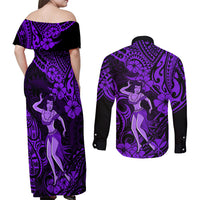 Hawaii Hula Girl Couples Matching Off Shoulder Maxi Dress and Long Sleeve Button Shirts Hibiscus Hawaii Tribal Tattoo Purple Version - Wonder Print Shop
