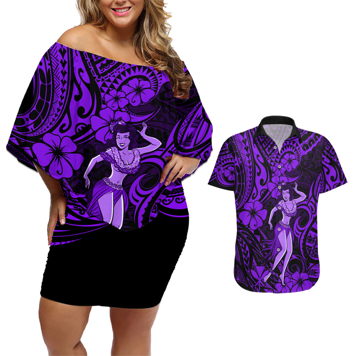 Hawaii Hula Girl Couples Matching Off Shoulder Short Dress and Hawaiian Shirt Hibiscus Hawaii Tribal Tattoo Purple Version - Wonder Print Shop