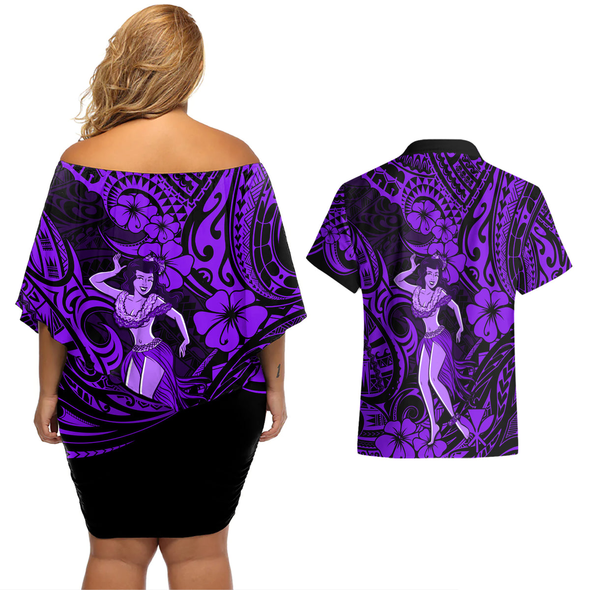 Hawaii Hula Girl Couples Matching Off Shoulder Short Dress and Hawaiian Shirt Hibiscus Hawaii Tribal Tattoo Purple Version - Wonder Print Shop