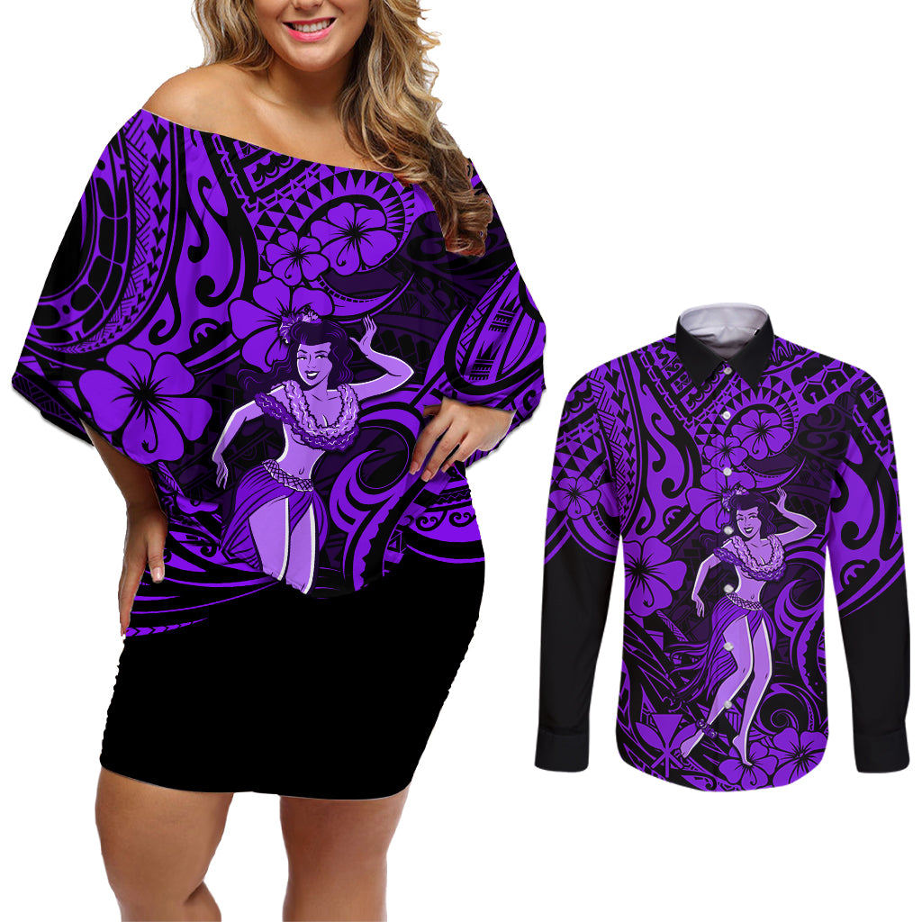 Hawaii Hula Girl Couples Matching Off Shoulder Short Dress and Long Sleeve Button Shirts Hibiscus Hawaii Tribal Tattoo Purple Version - Wonder Print Shop