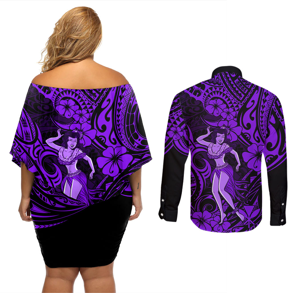 Hawaii Hula Girl Couples Matching Off Shoulder Short Dress and Long Sleeve Button Shirts Hibiscus Hawaii Tribal Tattoo Purple Version - Wonder Print Shop