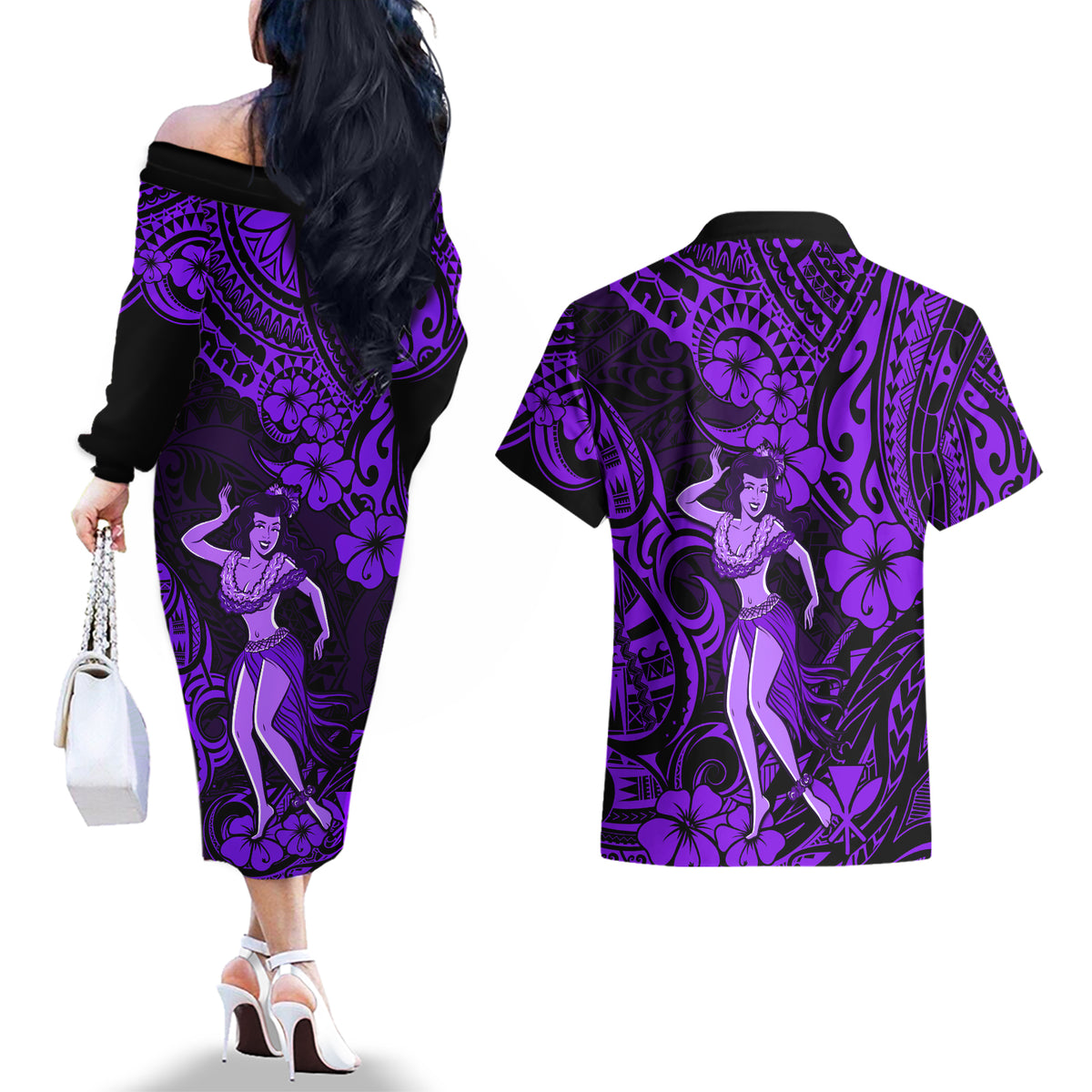 Hawaii Hula Girl Couples Matching Off The Shoulder Long Sleeve Dress and Hawaiian Shirt Hibiscus Hawaii Tribal Tattoo Purple Version - Wonder Print Shop