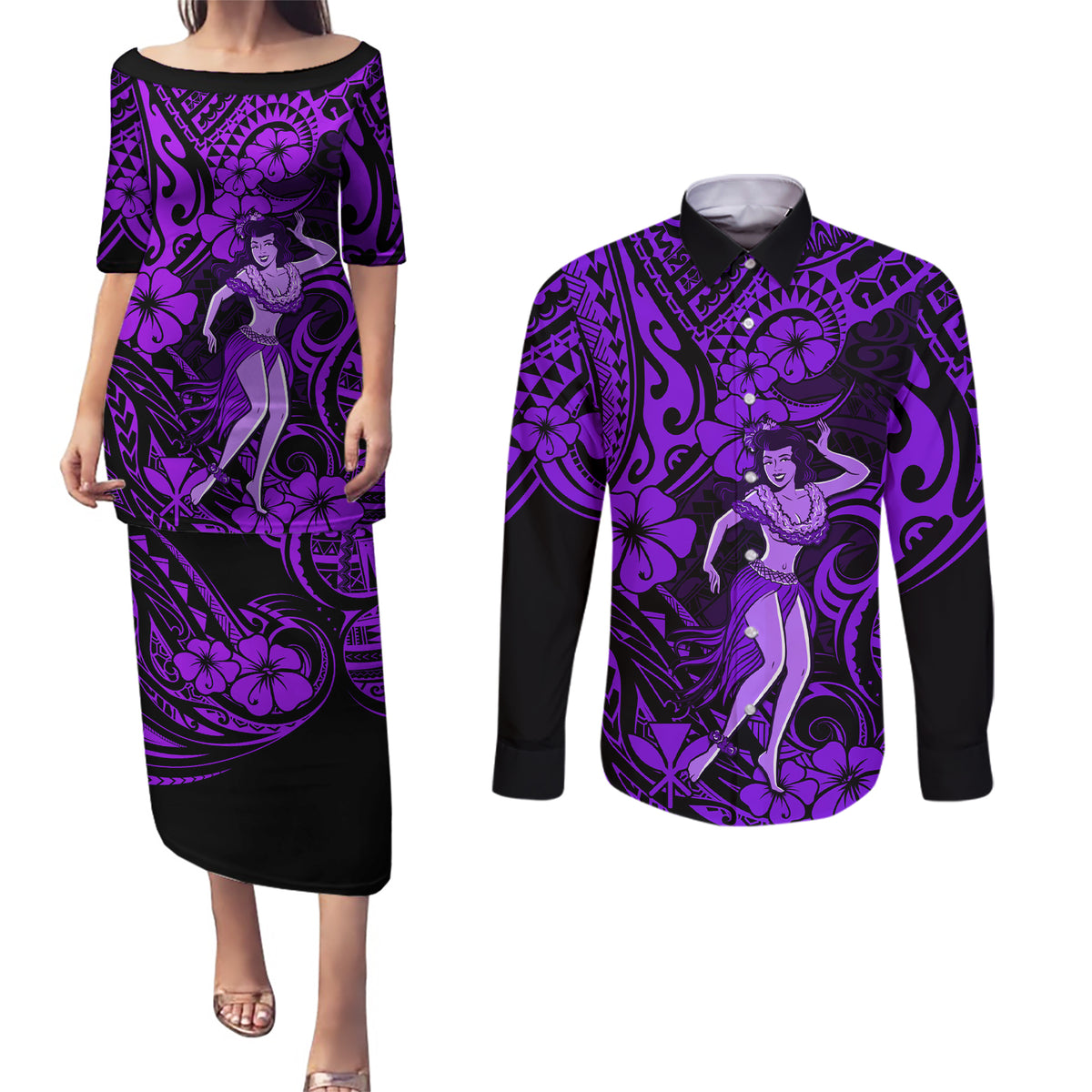 Hawaii Hula Girl Couples Matching Puletasi Dress and Long Sleeve Button Shirts Hibiscus Hawaii Tribal Tattoo Purple Version - Wonder Print Shop