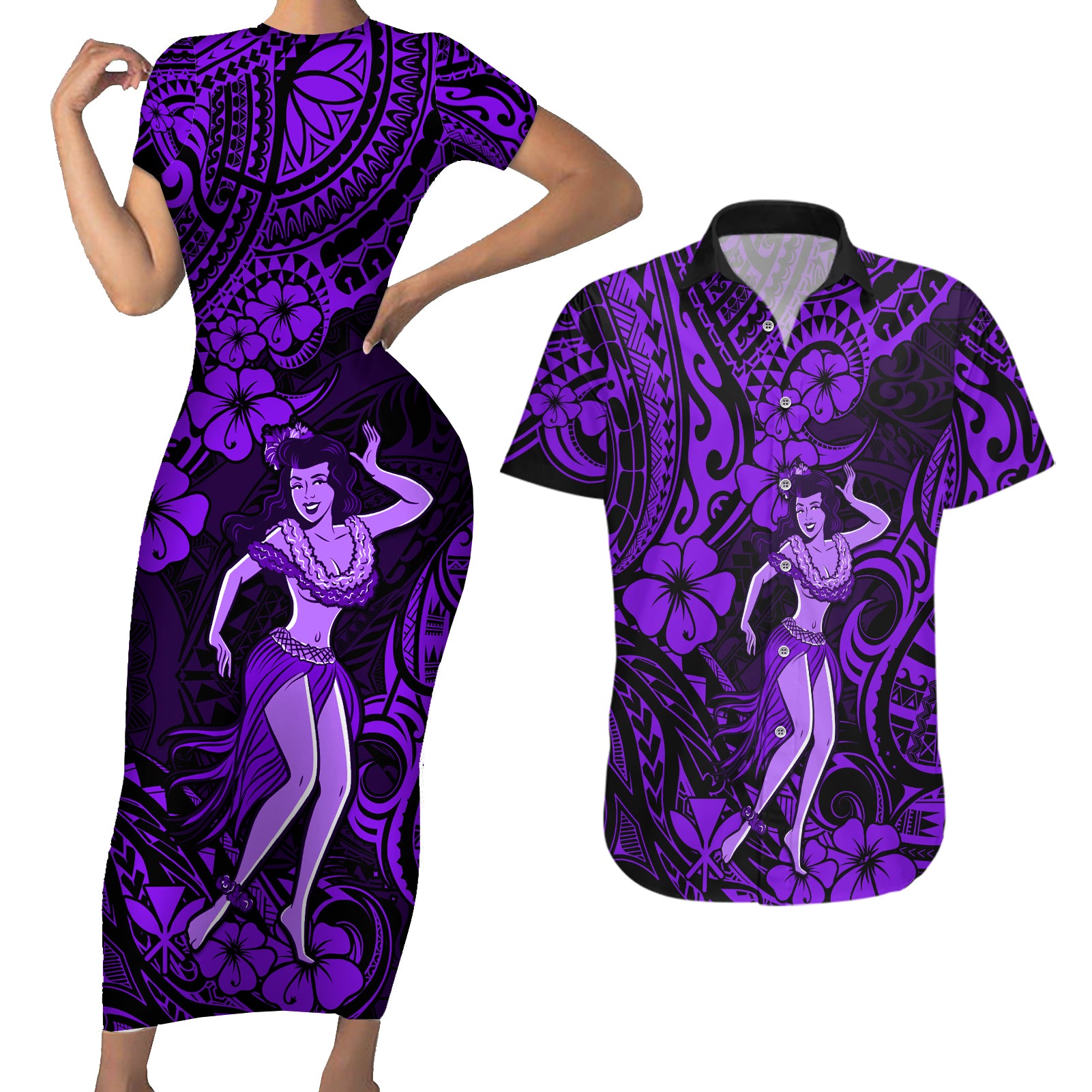 Hawaii Hula Girl Couples Matching Short Sleeve Bodycon Dress and Hawaiian Shirt Hibiscus Hawaii Tribal Tattoo Purple Version - Wonder Print Shop