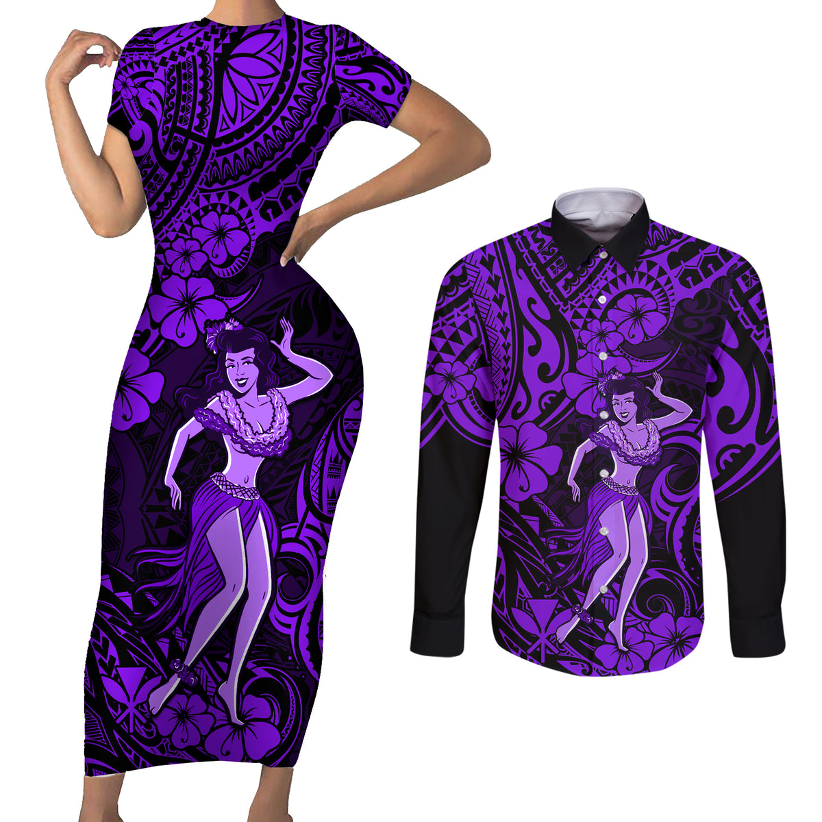 Hawaii Hula Girl Couples Matching Short Sleeve Bodycon Dress and Long Sleeve Button Shirts Hibiscus Hawaii Tribal Tattoo Purple Version - Wonder Print Shop