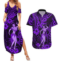 Hawaii Hula Girl Couples Matching Summer Maxi Dress and Hawaiian Shirt Hibiscus Hawaii Tribal Tattoo Purple Version - Wonder Print Shop