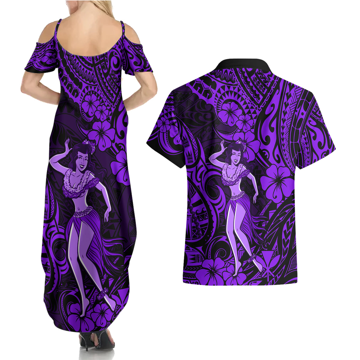 Hawaii Hula Girl Couples Matching Summer Maxi Dress and Hawaiian Shirt Hibiscus Hawaii Tribal Tattoo Purple Version - Wonder Print Shop