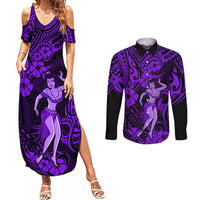 Hawaii Hula Girl Couples Matching Summer Maxi Dress and Long Sleeve Button Shirts Hibiscus Hawaii Tribal Tattoo Purple Version - Wonder Print Shop