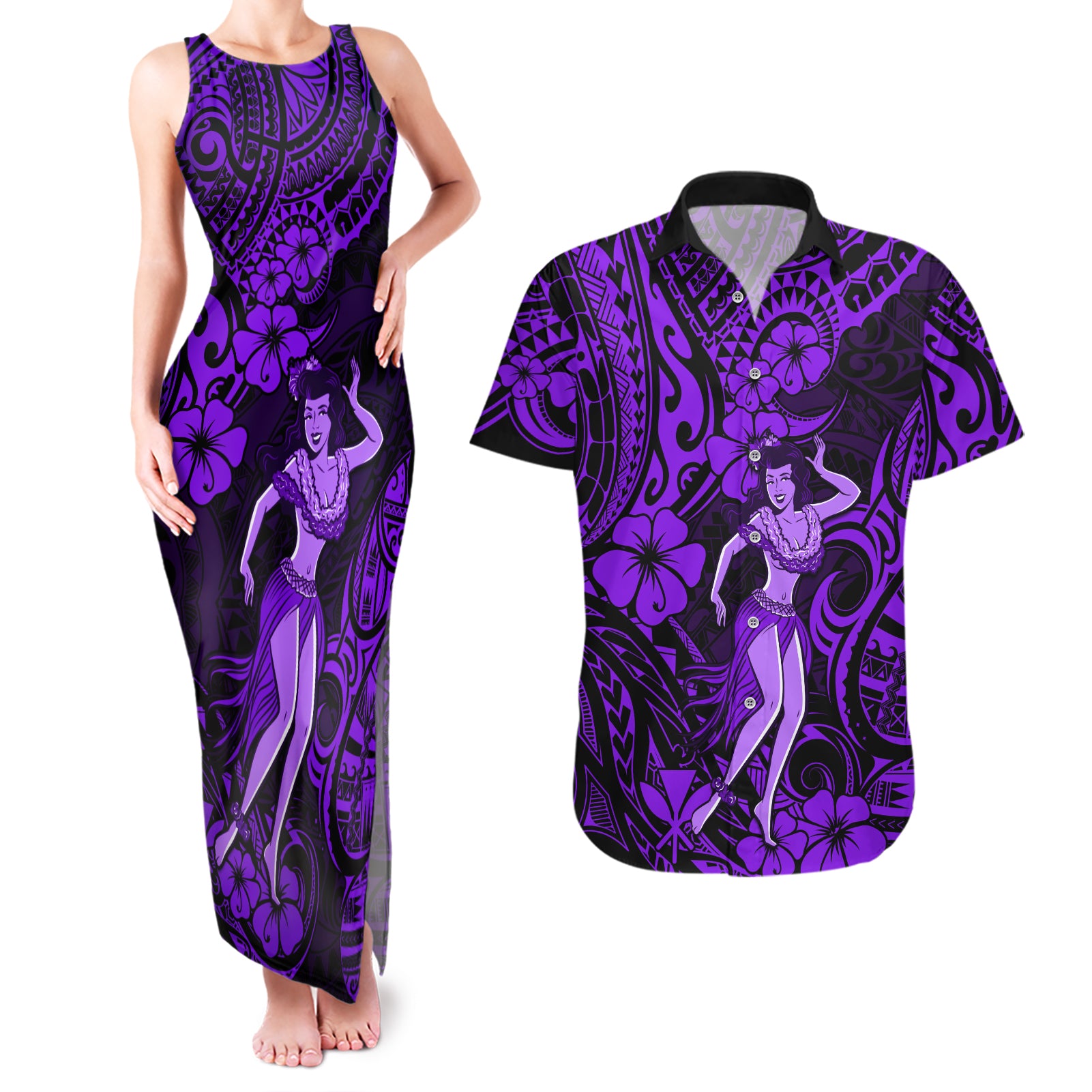 Hawaii Hula Girl Couples Matching Tank Maxi Dress and Hawaiian Shirt Hibiscus Hawaii Tribal Tattoo Purple Version - Wonder Print Shop