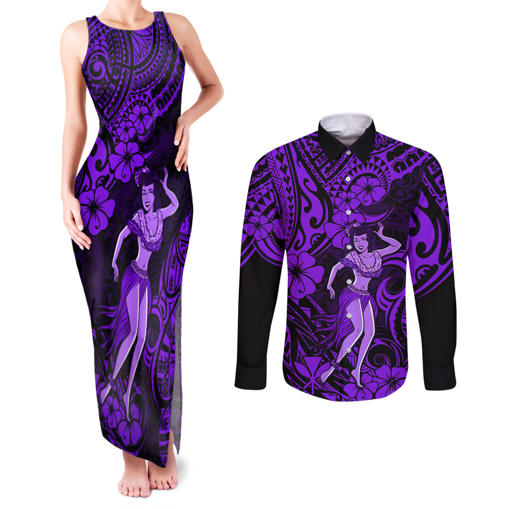 Hawaii Hula Girl Couples Matching Tank Maxi Dress and Long Sleeve Button Shirts Hibiscus Hawaii Tribal Tattoo Purple Version - Wonder Print Shop
