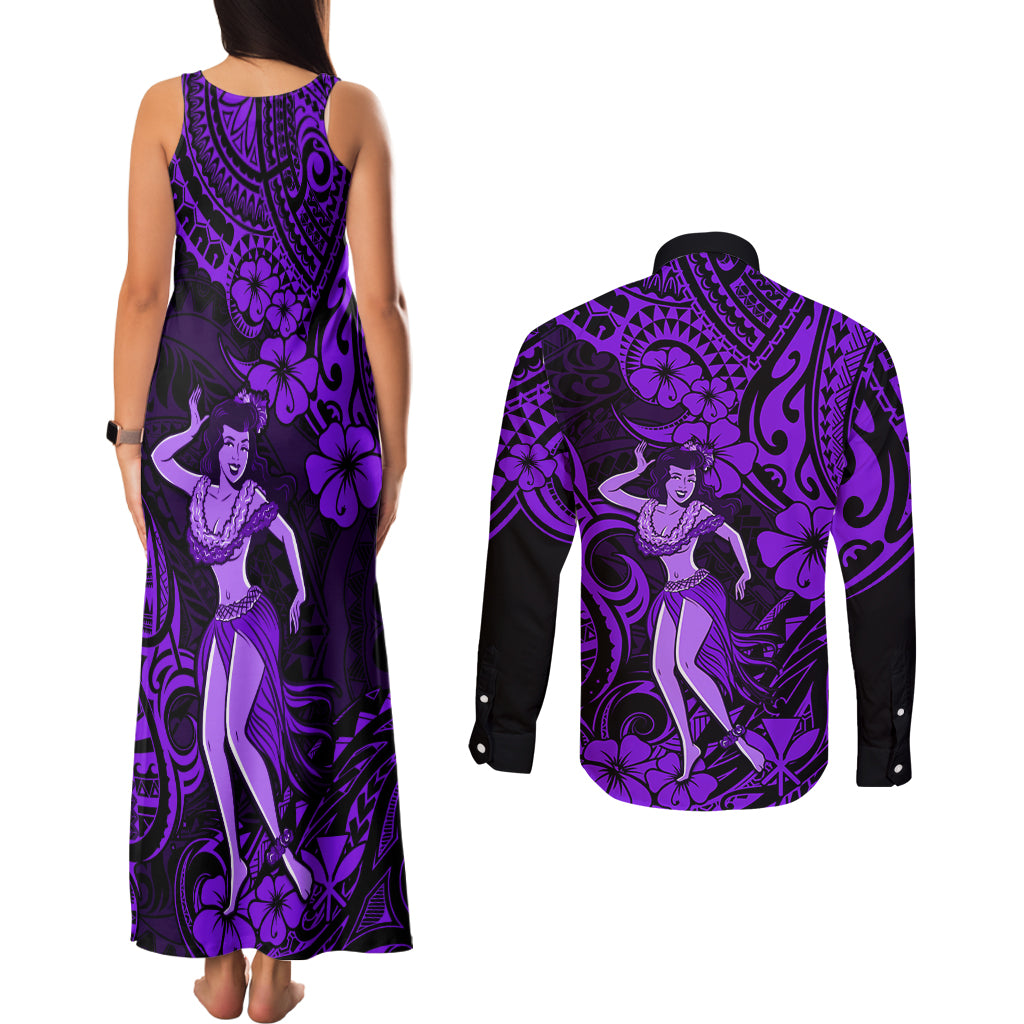 Hawaii Hula Girl Couples Matching Tank Maxi Dress and Long Sleeve Button Shirts Hibiscus Hawaii Tribal Tattoo Purple Version - Wonder Print Shop