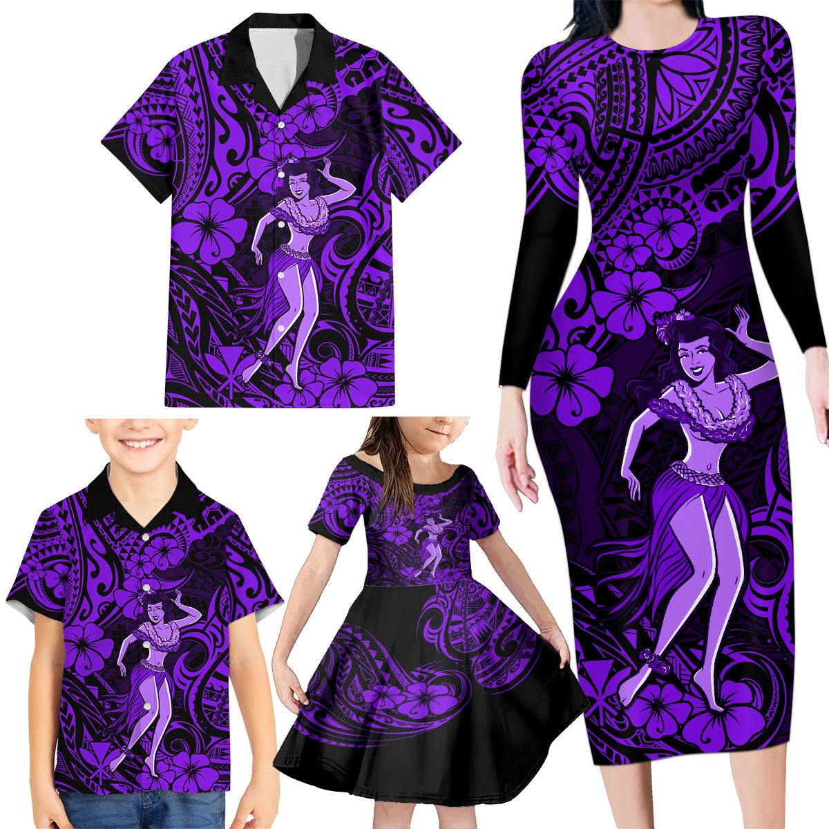 Hawaii Hula Girl Family Matching Long Sleeve Bodycon Dress and Hawaiian Shirt Hibiscus Hawaii Tribal Tattoo Purple Version - Wonder Print Shop