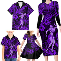 Hawaii Hula Girl Family Matching Long Sleeve Bodycon Dress and Hawaiian Shirt Hibiscus Hawaii Tribal Tattoo Purple Version - Wonder Print Shop