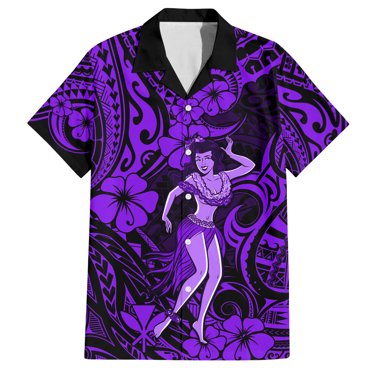 Hawaii Hula Girl Family Matching Long Sleeve Bodycon Dress and Hawaiian Shirt Hibiscus Hawaii Tribal Tattoo Purple Version - Wonder Print Shop