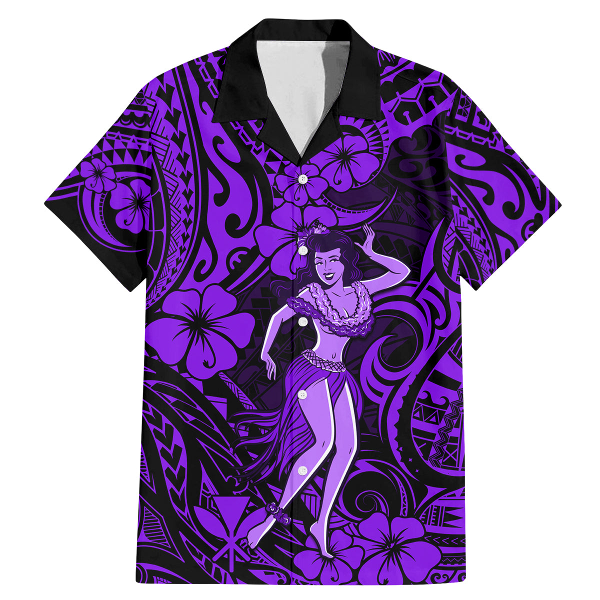 Hawaii Hula Girl Family Matching Mermaid Dress and Hawaiian Shirt Hibiscus Hawaii Tribal Tattoo Purple Version - Wonder Print Shop