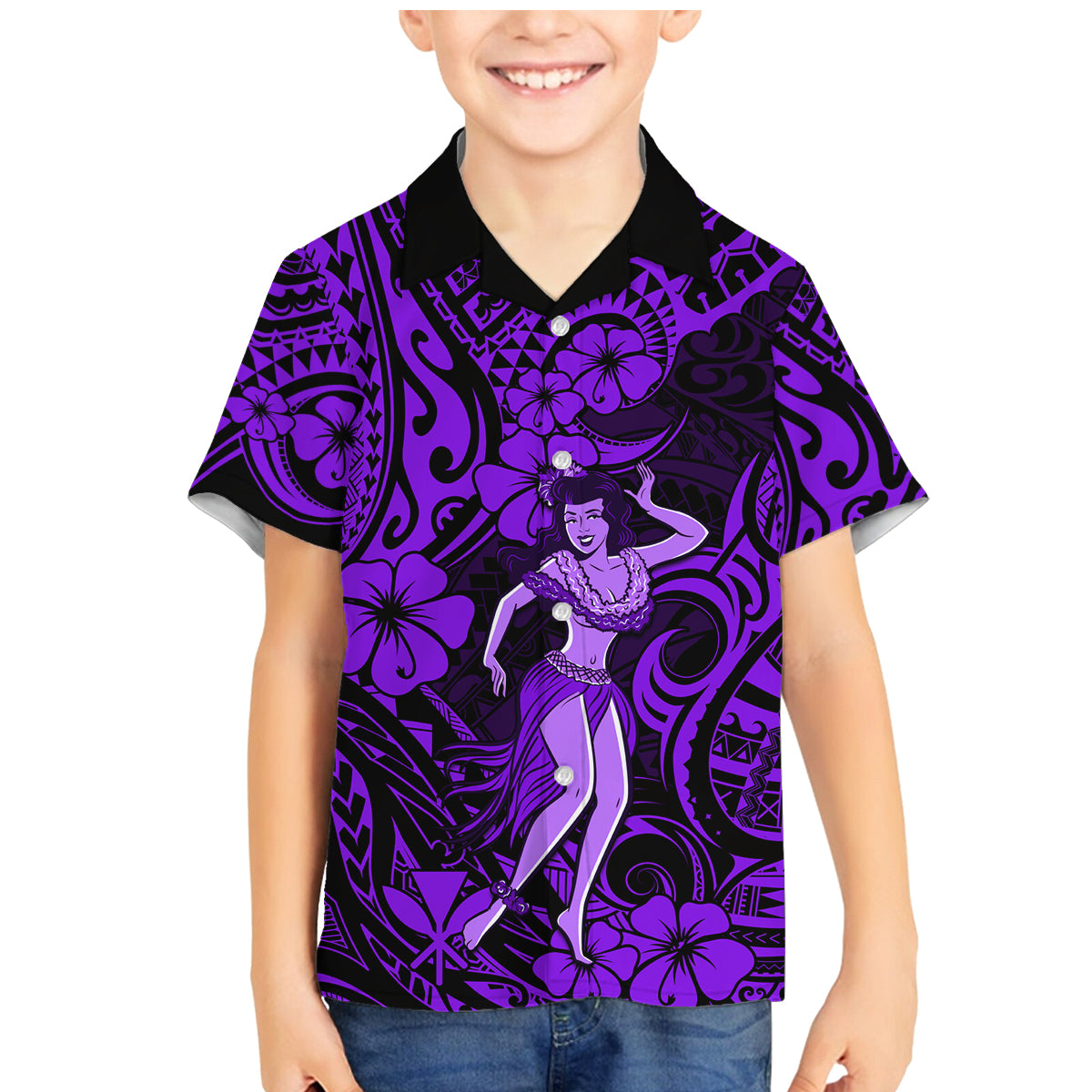 Hawaii Hula Girl Family Matching Mermaid Dress and Hawaiian Shirt Hibiscus Hawaii Tribal Tattoo Purple Version - Wonder Print Shop