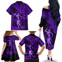 Hawaii Hula Girl Family Matching Off Shoulder Long Sleeve Dress and Hawaiian Shirt Hibiscus Hawaii Tribal Tattoo Purple Version - Wonder Print Shop