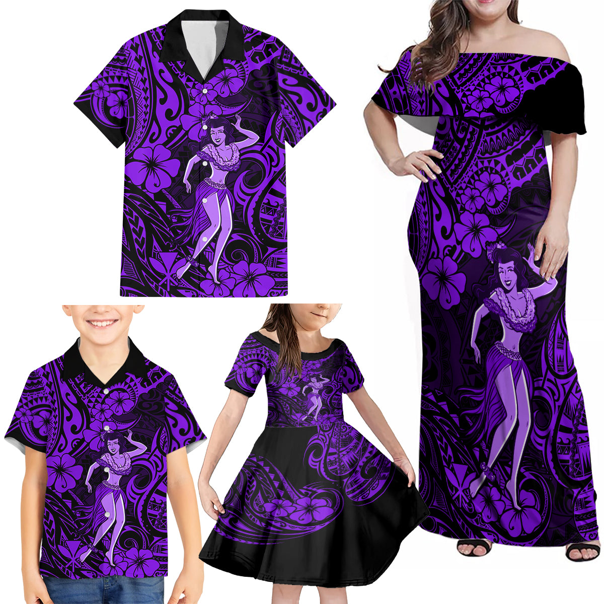 Hawaii Hula Girl Family Matching Off Shoulder Maxi Dress and Hawaiian Shirt Hibiscus Hawaii Tribal Tattoo Purple Version - Wonder Print Shop