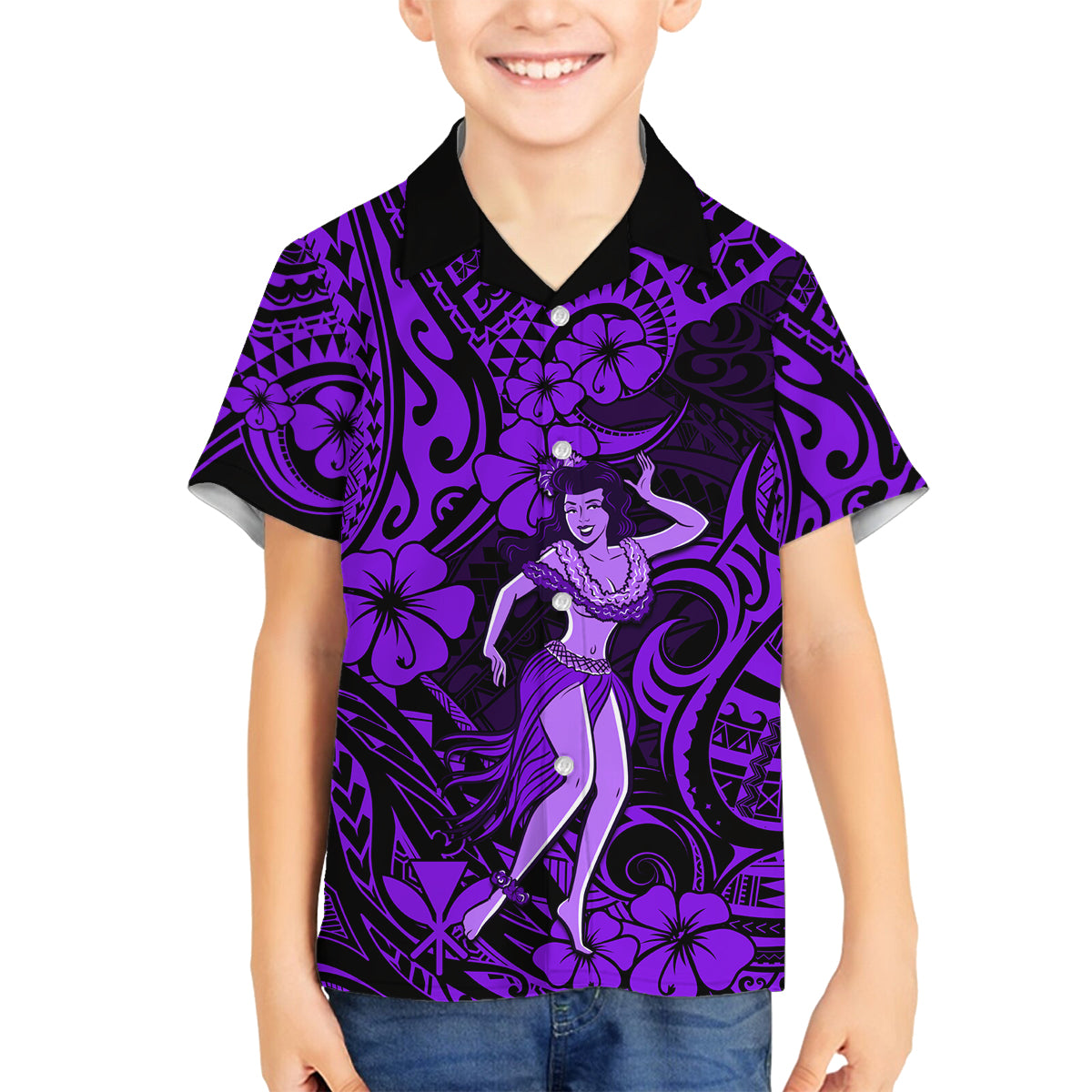 Hawaii Hula Girl Family Matching Off Shoulder Maxi Dress and Hawaiian Shirt Hibiscus Hawaii Tribal Tattoo Purple Version - Wonder Print Shop