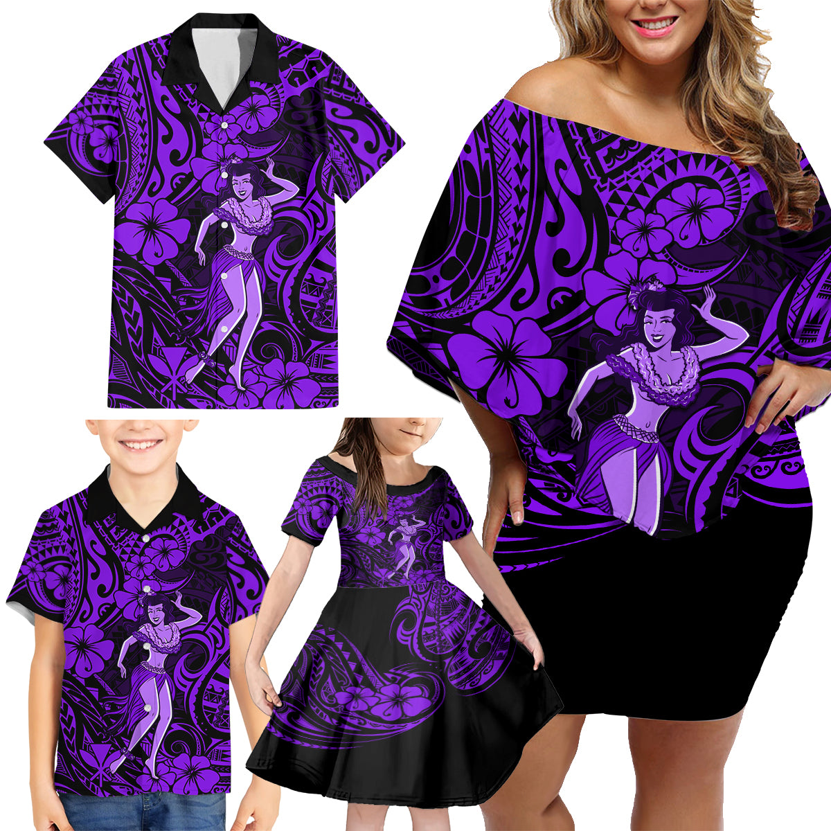 Hawaii Hula Girl Family Matching Off Shoulder Short Dress and Hawaiian Shirt Hibiscus Hawaii Tribal Tattoo Purple Version - Wonder Print Shop