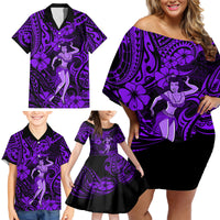 Hawaii Hula Girl Family Matching Off Shoulder Short Dress and Hawaiian Shirt Hibiscus Hawaii Tribal Tattoo Purple Version - Wonder Print Shop