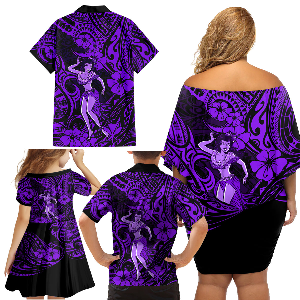 Hawaii Hula Girl Family Matching Off Shoulder Short Dress and Hawaiian Shirt Hibiscus Hawaii Tribal Tattoo Purple Version - Wonder Print Shop