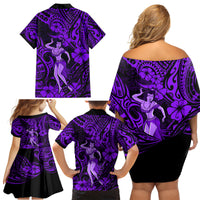Hawaii Hula Girl Family Matching Off Shoulder Short Dress and Hawaiian Shirt Hibiscus Hawaii Tribal Tattoo Purple Version - Wonder Print Shop