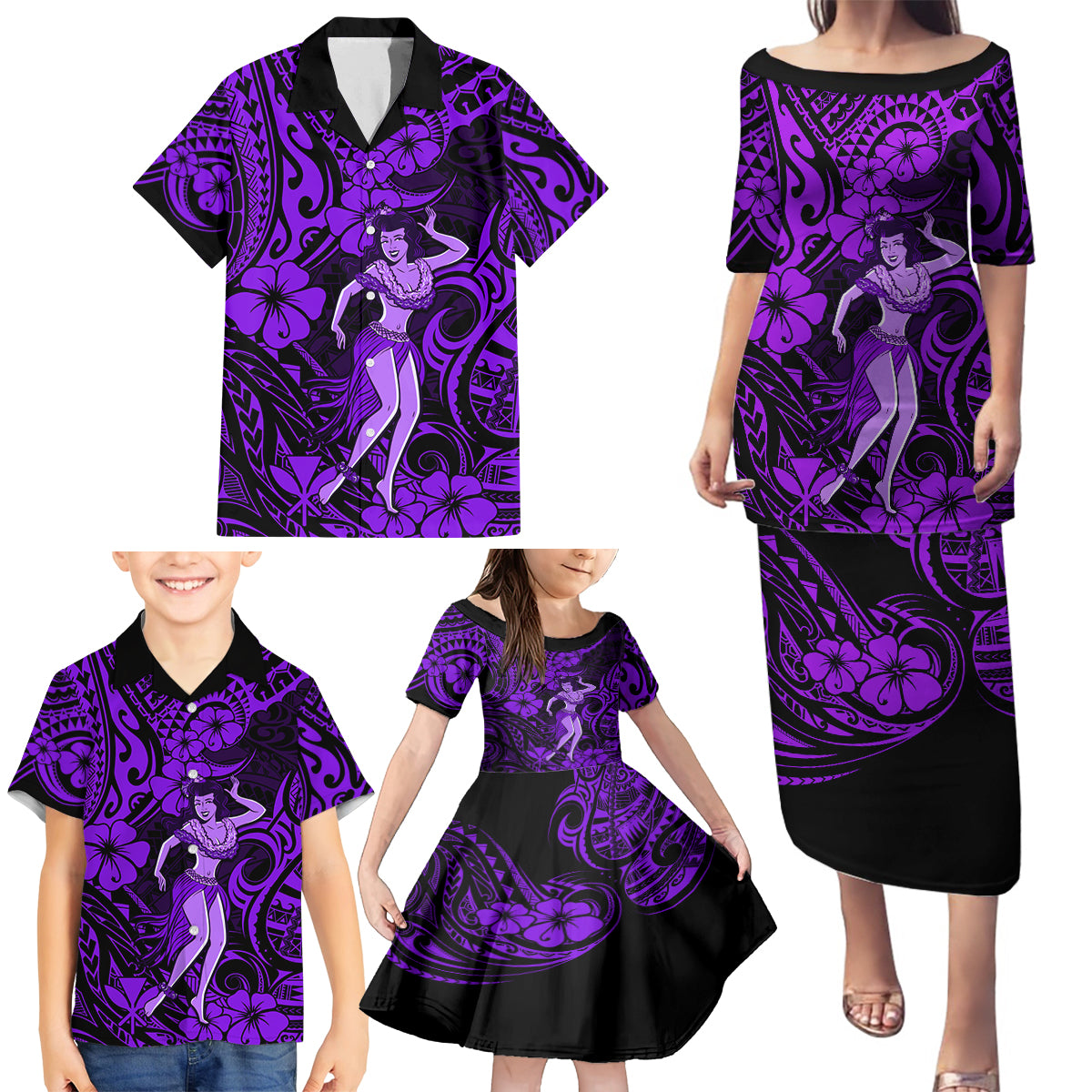 Hawaii Hula Girl Family Matching Puletasi Dress and Hawaiian Shirt Hibiscus Hawaii Tribal Tattoo Purple Version - Wonder Print Shop