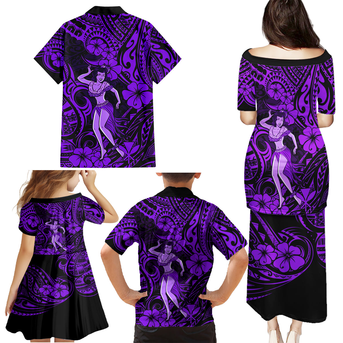 Hawaii Hula Girl Family Matching Puletasi Dress and Hawaiian Shirt Hibiscus Hawaii Tribal Tattoo Purple Version - Wonder Print Shop