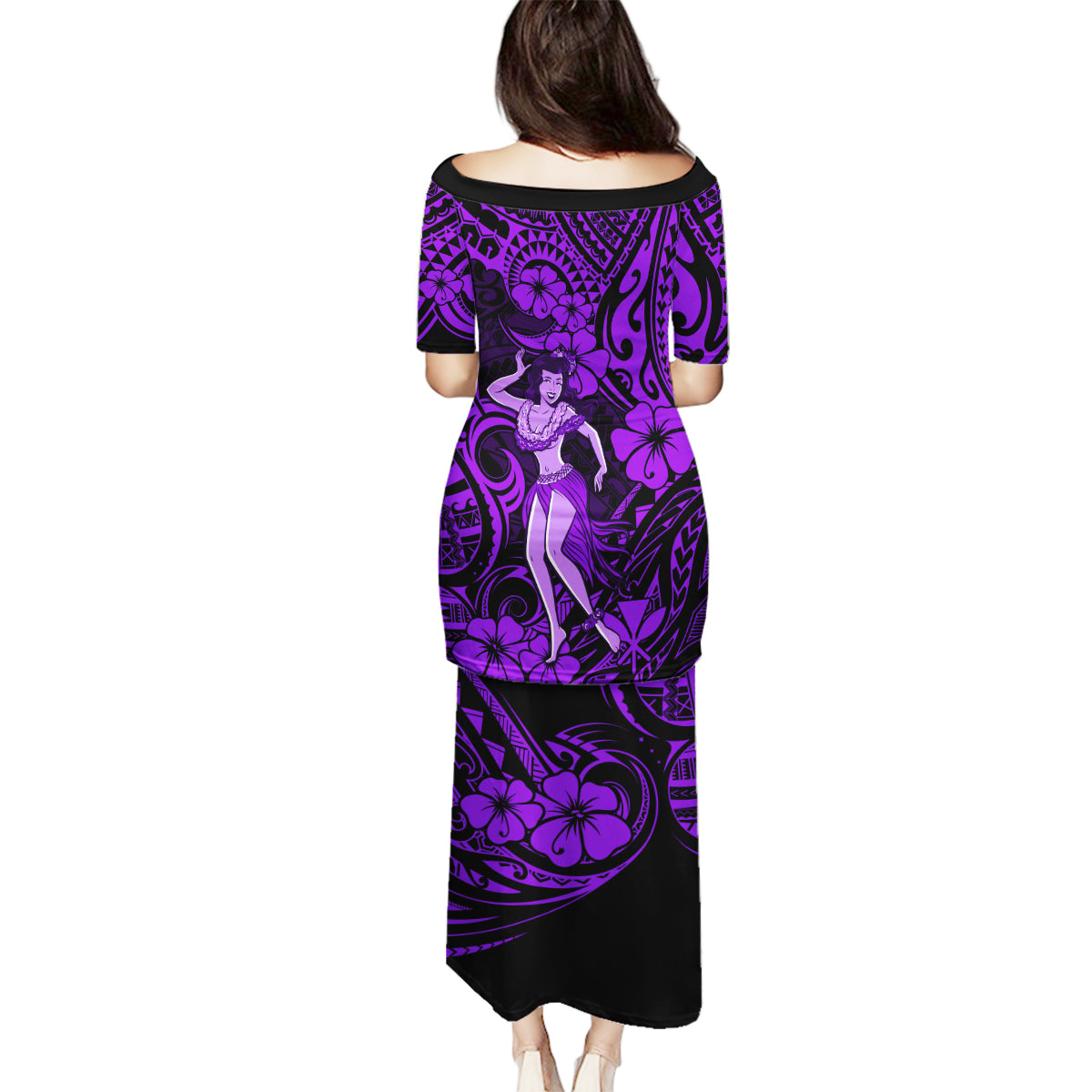 Hawaii Hula Girl Family Matching Puletasi Dress and Hawaiian Shirt Hibiscus Hawaii Tribal Tattoo Purple Version - Wonder Print Shop