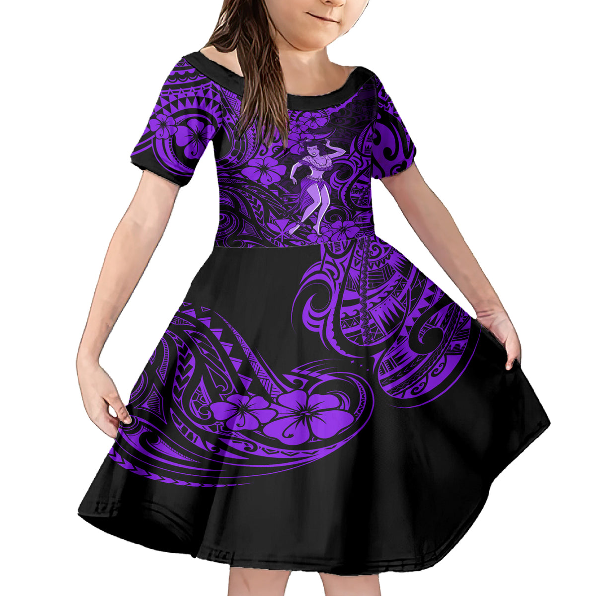 Hawaii Hula Girl Family Matching Short Sleeve Bodycon Dress and Hawaiian Shirt Hibiscus Hawaii Tribal Tattoo Purple Version - Wonder Print Shop