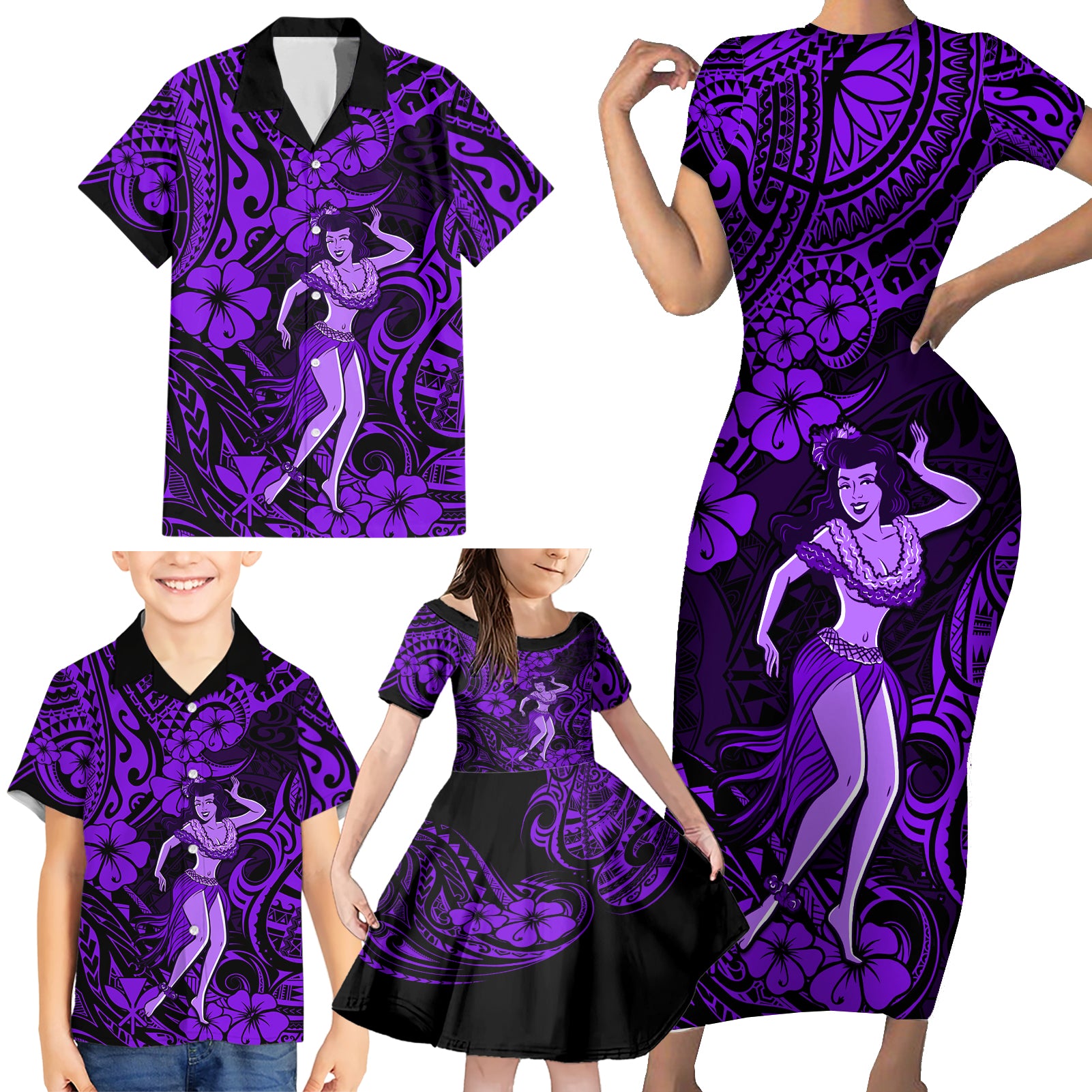 Hawaii Hula Girl Family Matching Short Sleeve Bodycon Dress and Hawaiian Shirt Hibiscus Hawaii Tribal Tattoo Purple Version - Wonder Print Shop