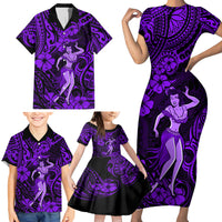 Hawaii Hula Girl Family Matching Short Sleeve Bodycon Dress and Hawaiian Shirt Hibiscus Hawaii Tribal Tattoo Purple Version - Wonder Print Shop
