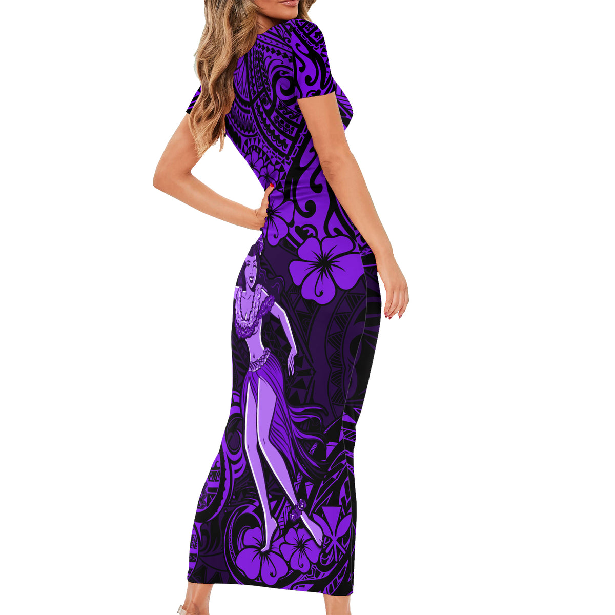 Hawaii Hula Girl Family Matching Short Sleeve Bodycon Dress and Hawaiian Shirt Hibiscus Hawaii Tribal Tattoo Purple Version - Wonder Print Shop
