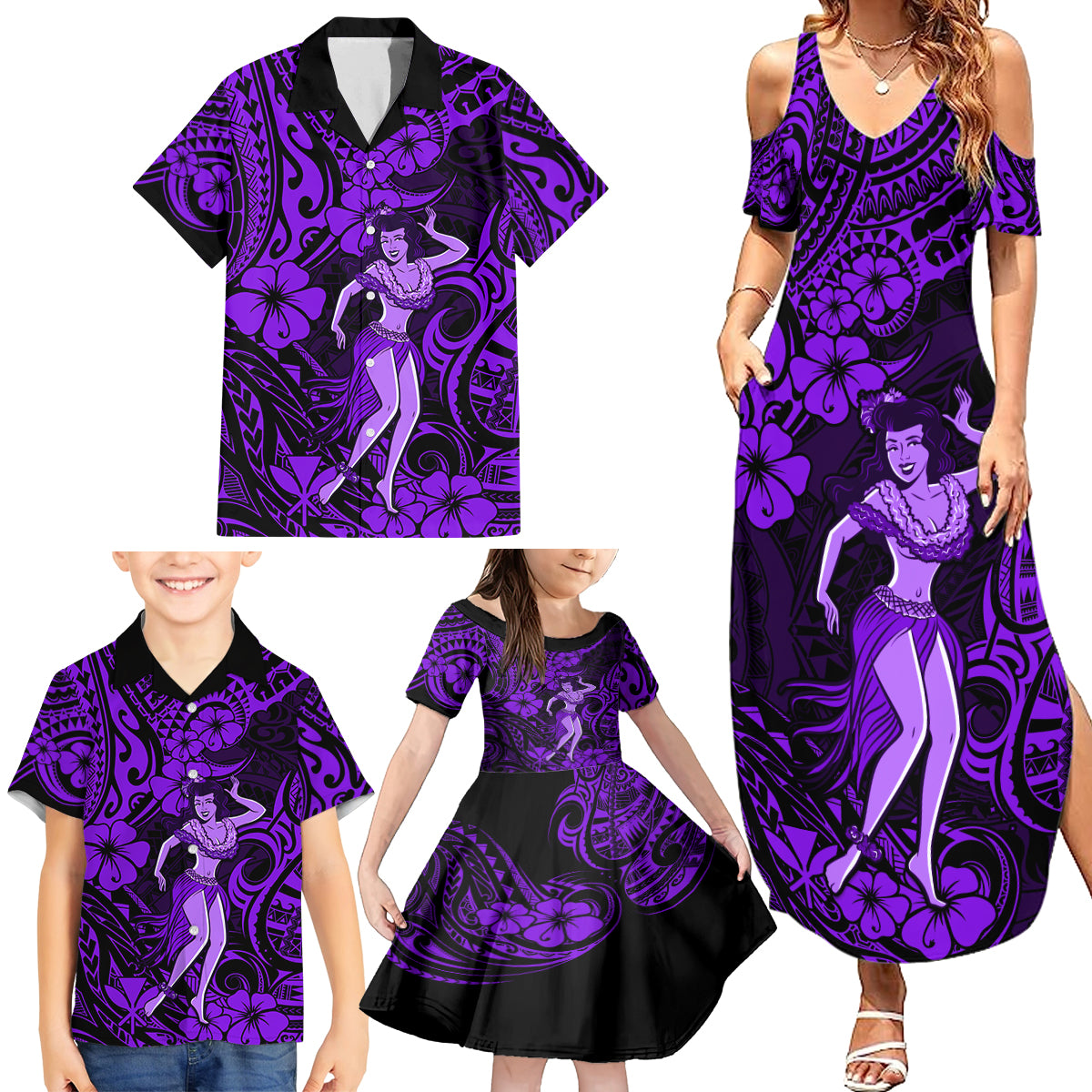 Hawaii Hula Girl Family Matching Summer Maxi Dress and Hawaiian Shirt Hibiscus Hawaii Tribal Tattoo Purple Version - Wonder Print Shop