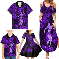 Hawaii Hula Girl Family Matching Summer Maxi Dress and Hawaiian Shirt Hibiscus Hawaii Tribal Tattoo Purple Version - Wonder Print Shop
