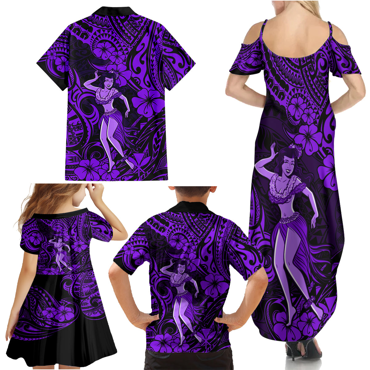 Hawaii Hula Girl Family Matching Summer Maxi Dress and Hawaiian Shirt Hibiscus Hawaii Tribal Tattoo Purple Version - Wonder Print Shop