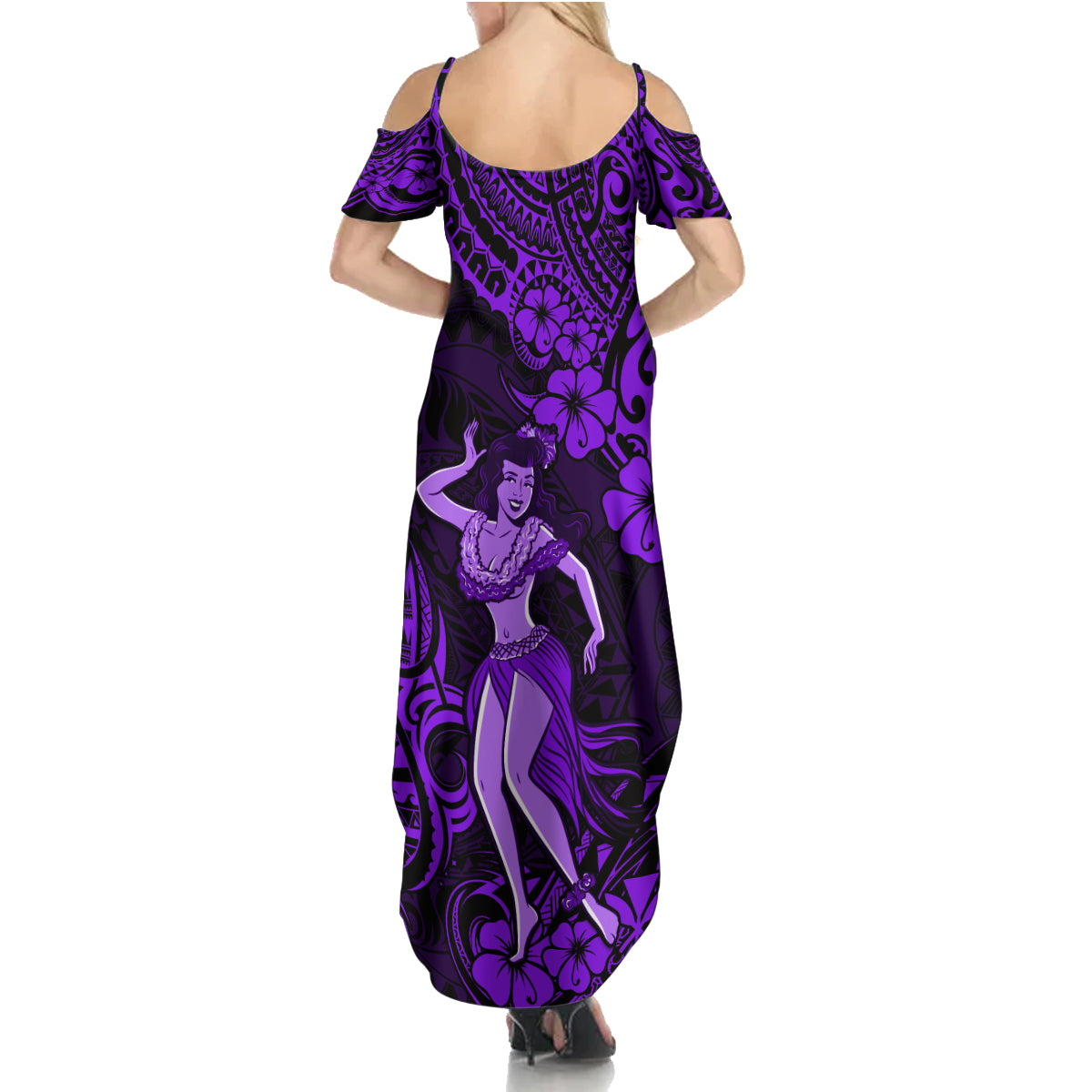 Hawaii Hula Girl Family Matching Summer Maxi Dress and Hawaiian Shirt Hibiscus Hawaii Tribal Tattoo Purple Version - Wonder Print Shop
