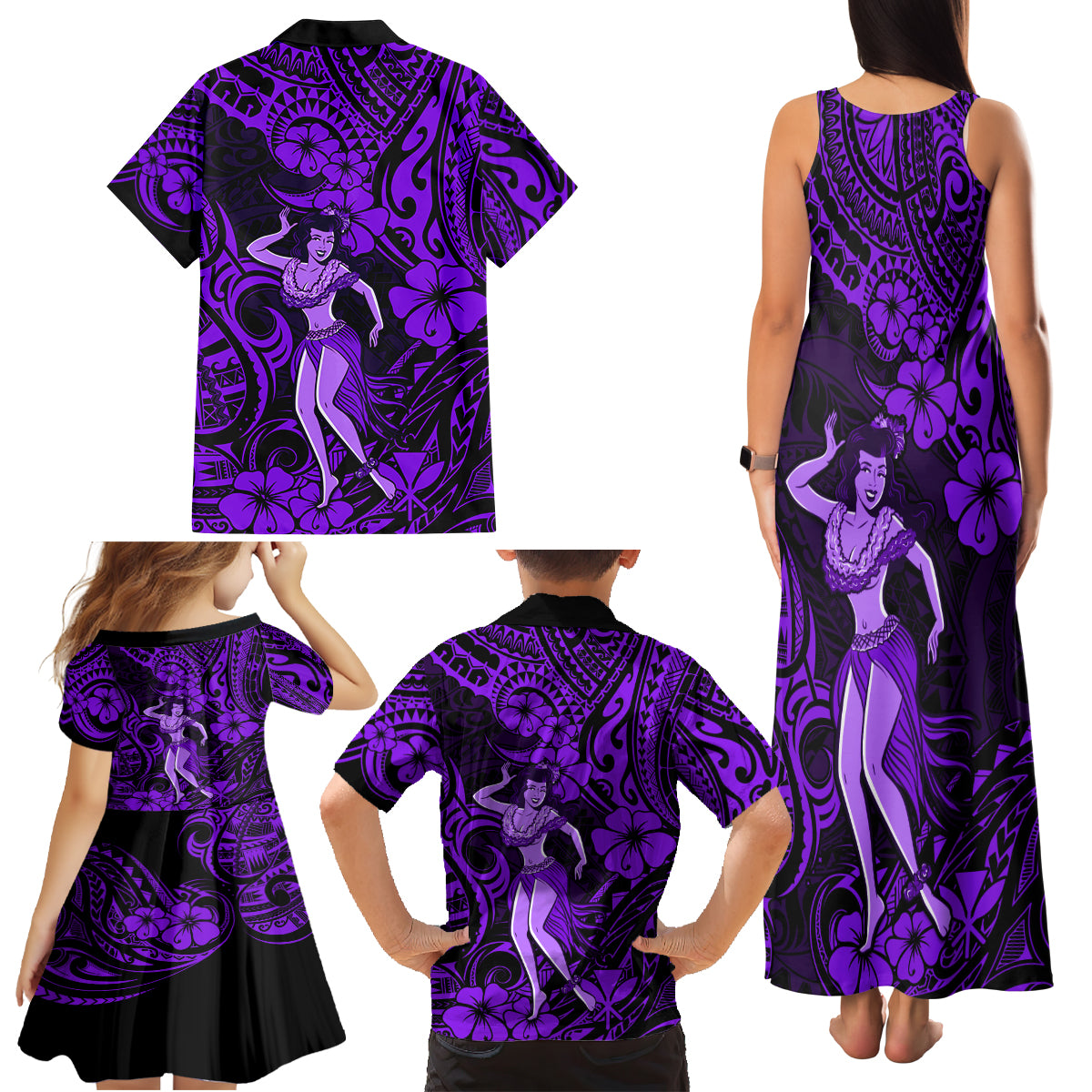 Hawaii Hula Girl Family Matching Tank Maxi Dress and Hawaiian Shirt Hibiscus Hawaii Tribal Tattoo Purple Version - Wonder Print Shop