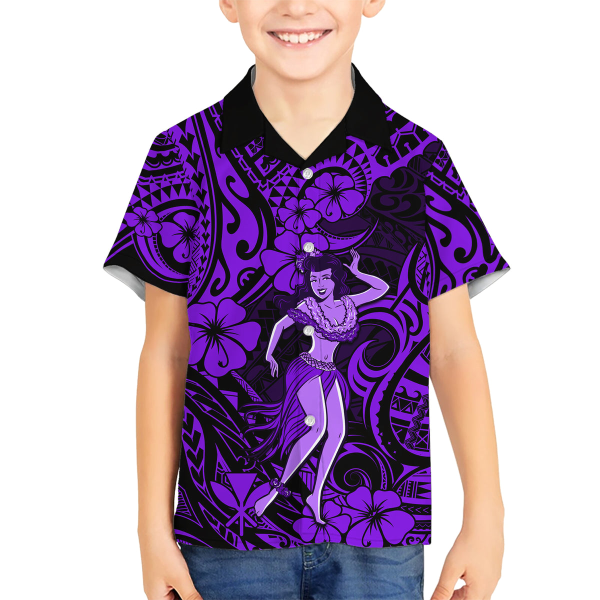 Hawaii Hula Girl Kid Hawaiian Shirt Hibiscus Hawaii Tribal Tattoo Purple Version - Wonder Print Shop
