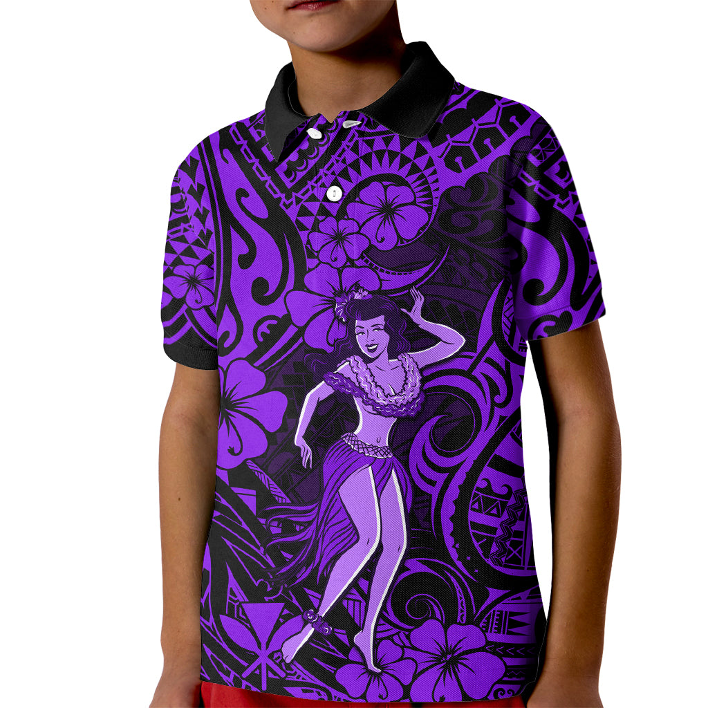 Hawaii Hula Girl Kid Polo Shirt Hibiscus Hawaii Tribal Tattoo Purple Version - Wonder Print Shop