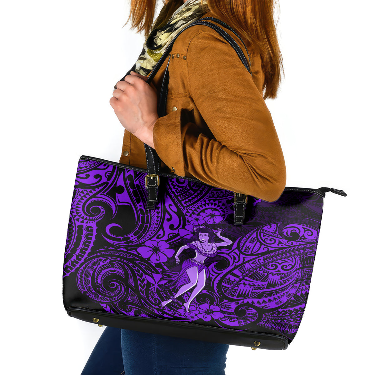 Hawaii Hula Girl Leather Tote Bag Hibiscus Hawaii Tribal Tattoo Purple Version - Wonder Print Shop